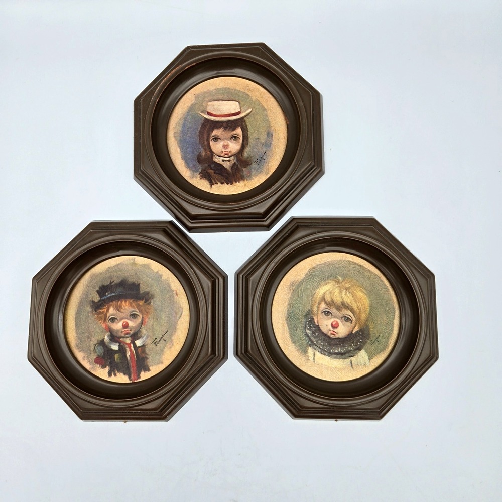 1960s Franco Ozz Big Eyes Sad Clown Kids Pictures 6" Octagonal Frame Set Of 3